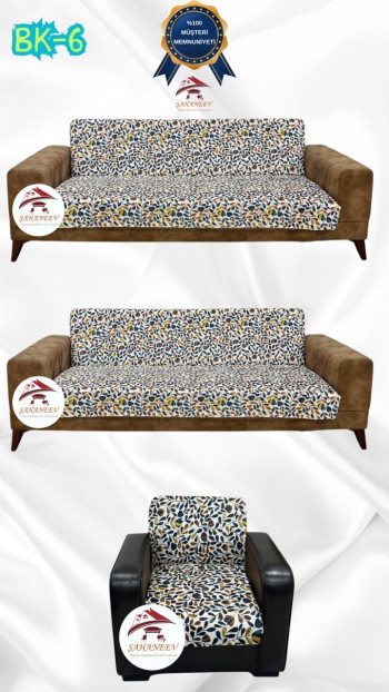 Desenli Baskılı Kadife Kolsuz Koltuk Kılıfı - Elastik Esnek Koltuk Takımı Koruyucu Set Model BK-06 Renk 3+3+1 (3 Parça Set)