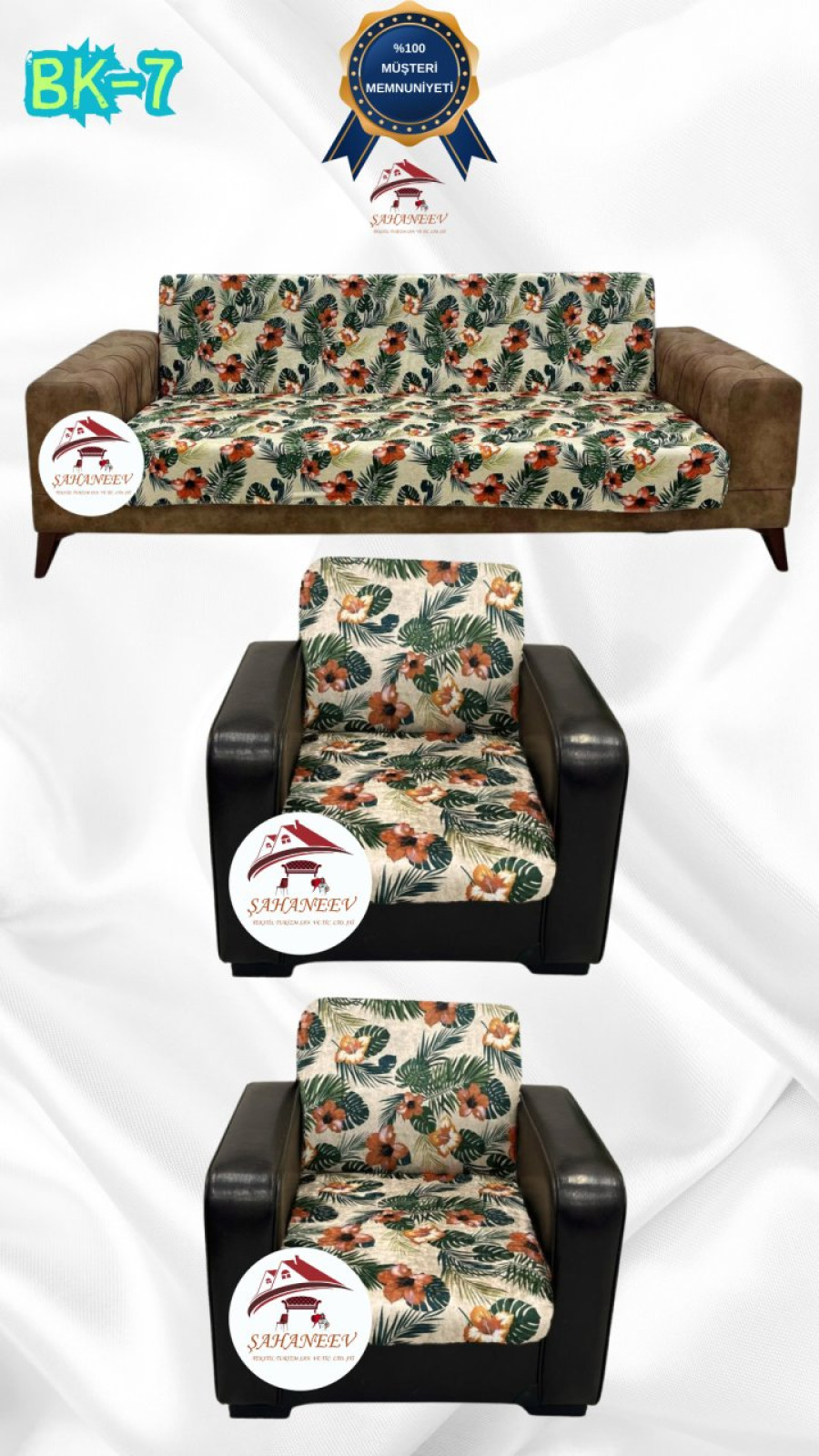 Patterned Printed Velvet Armless Sofa Cover - Elastic Flexible Sofa Set Protector Set Model BK-07 Color 3+1+1 (3 Piece Set) Custom Size