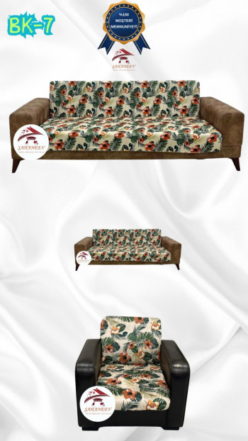 Desenli Baskılı Kadife Kolsuz Koltuk Kılıfı - Elastik Esnek Koltuk Takımı Koruyucu Set Model BK-07 Renk 3+2+1 (3 Parça Set)
