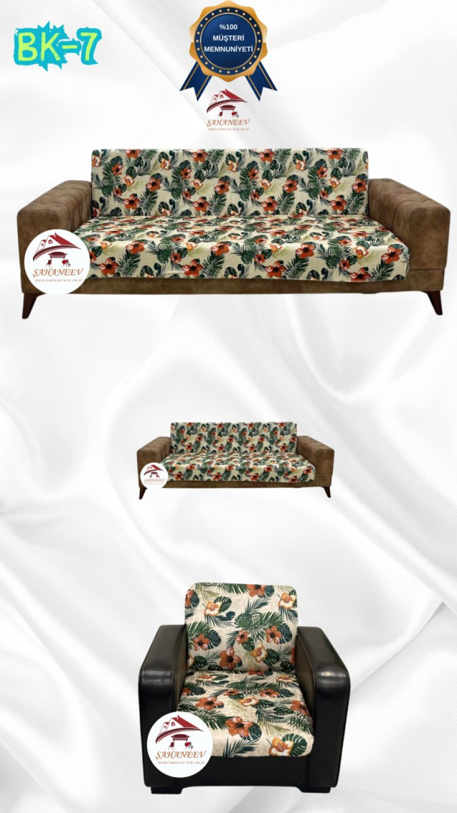 Desenli Baskılı Kadife Kolsuz Koltuk Kılıfı - Elastik Esnek Koltuk Takımı Koruyucu Set Model BK-07 Renk 3+2+1 (3 Parça Set) Özel Ölçü
