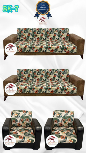 Desenli Baskılı Kadife Kolsuz Koltuk Kılıfı - Elastik Esnek Koltuk Takımı Koruyucu Set Model BK-07 Renk 3+3+1+1 (4 Parça Set)