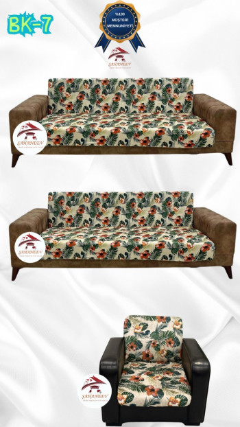 Desenli Baskılı Kadife Kolsuz Koltuk Kılıfı - Elastik Esnek Koltuk Takımı Koruyucu Set Model BK-07 Renk 3+3+1 (3 Parça Set)