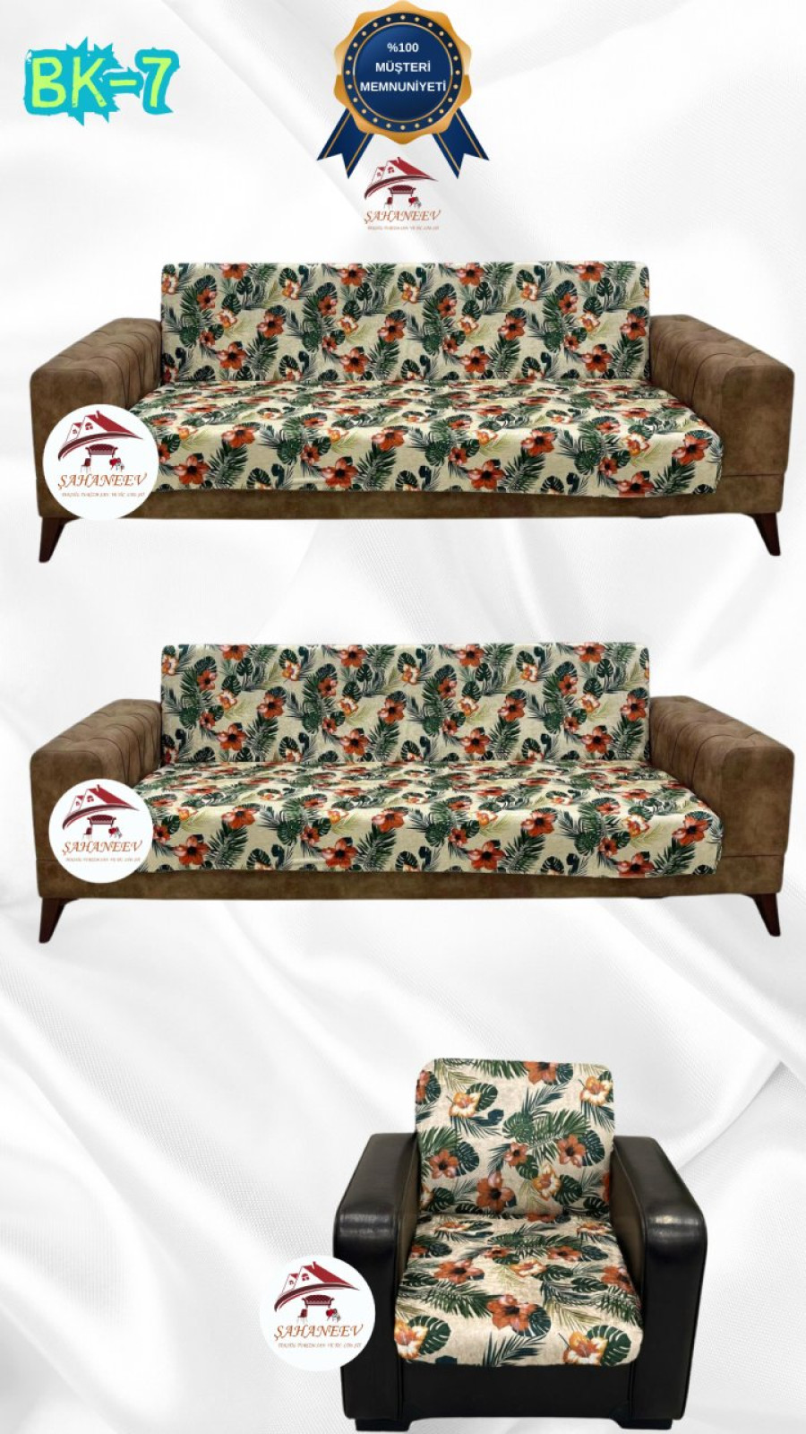 Desenli Baskılı Kadife Kolsuz Koltuk Kılıfı - Elastik Esnek Koltuk Takımı Koruyucu Set Model BK-07 Renk 3+3+1 (3 Parça Set) Özel Ölçü