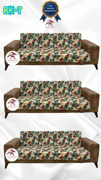 Desenli Baskılı Kadife Kolsuz Koltuk Kılıfı - Elastik Esnek Koltuk Takımı Koruyucu Set Model BK-07 Renk 3+3+3 (3 Parça Set)