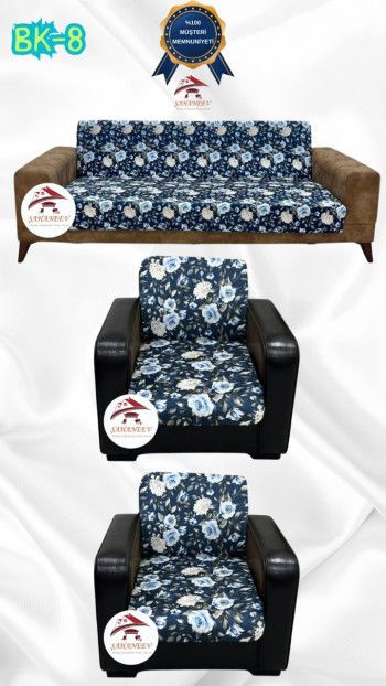 Patterned Printed Velvet Armless Sofa Cover - Elastic Flexible Sofa Set Protector Set Model BK-08 Color 3+1+1 (3 Piece Set)