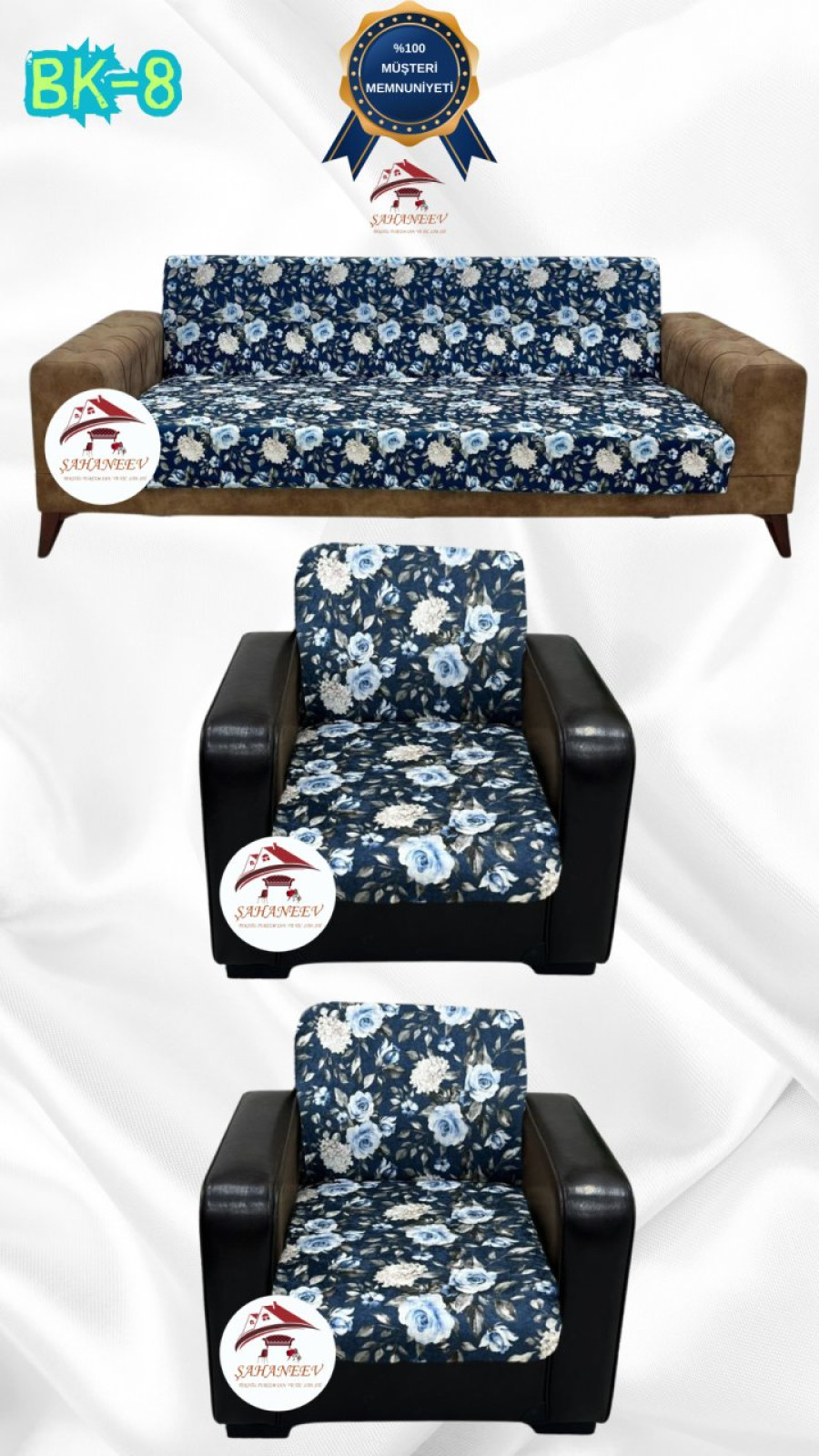 Patterned Printed Velvet Armless Sofa Cover - Elastic Flexible Sofa Set Protector Set Model BK-08 Color 3+1+1 (3 Piece Set) Custom Size