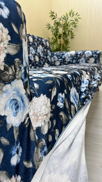 Patterned Printed Velvet Armless Sofa Cover - Elastic Flexible Sofa Set Protector Set Model BK-08 Color 3+1+1 (3 Piece Set)