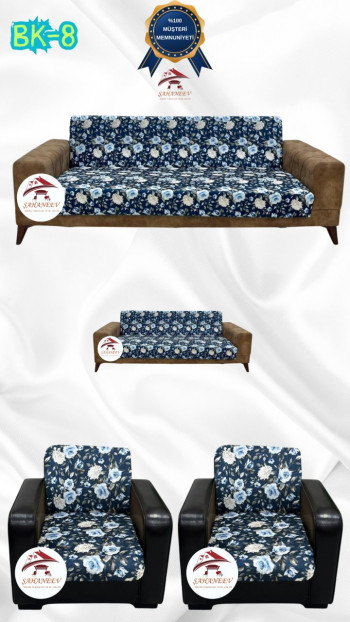 Desenli Baskılı Kadife Kolsuz Koltuk Kılıfı - Elastik Esnek Koltuk Takımı Koruyucu Set Model BK-08 Renk 3+2+1+1 (4 Parça Set)