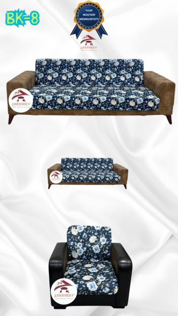 Desenli Baskılı Kadife Kolsuz Koltuk Kılıfı - Elastik Esnek Koltuk Takımı Koruyucu Set Model BK-08 Renk 3+2+1 (3 Parça Set)