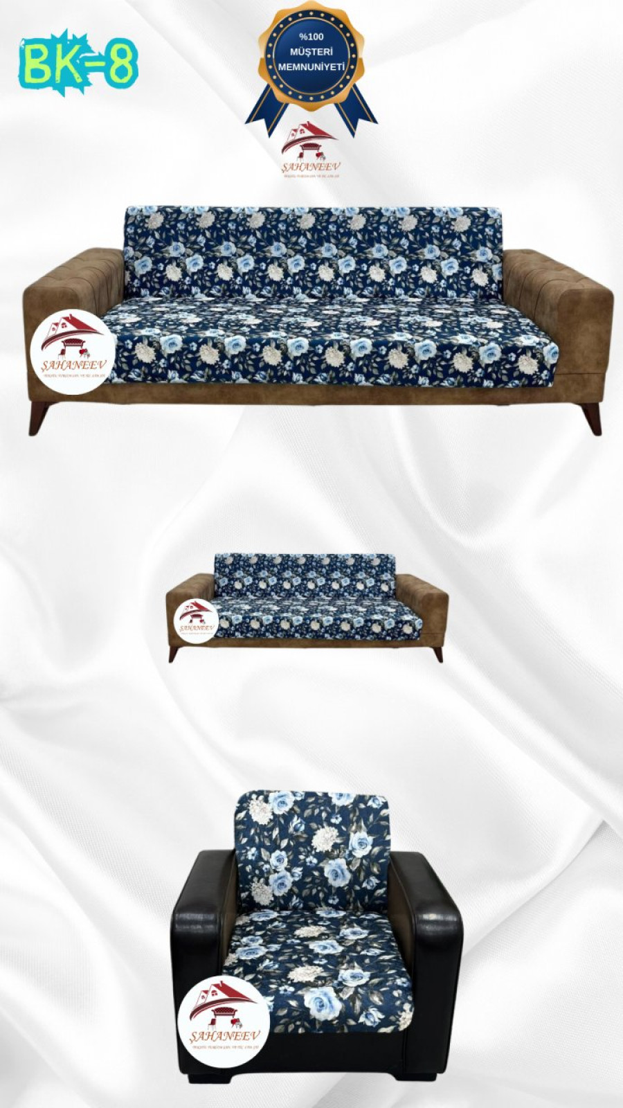 Desenli Baskılı Kadife Kolsuz Koltuk Kılıfı - Elastik Esnek Koltuk Takımı Koruyucu Set Model BK-08 Renk 3+2+1 (3 Parça Set) Özel Ölçü
