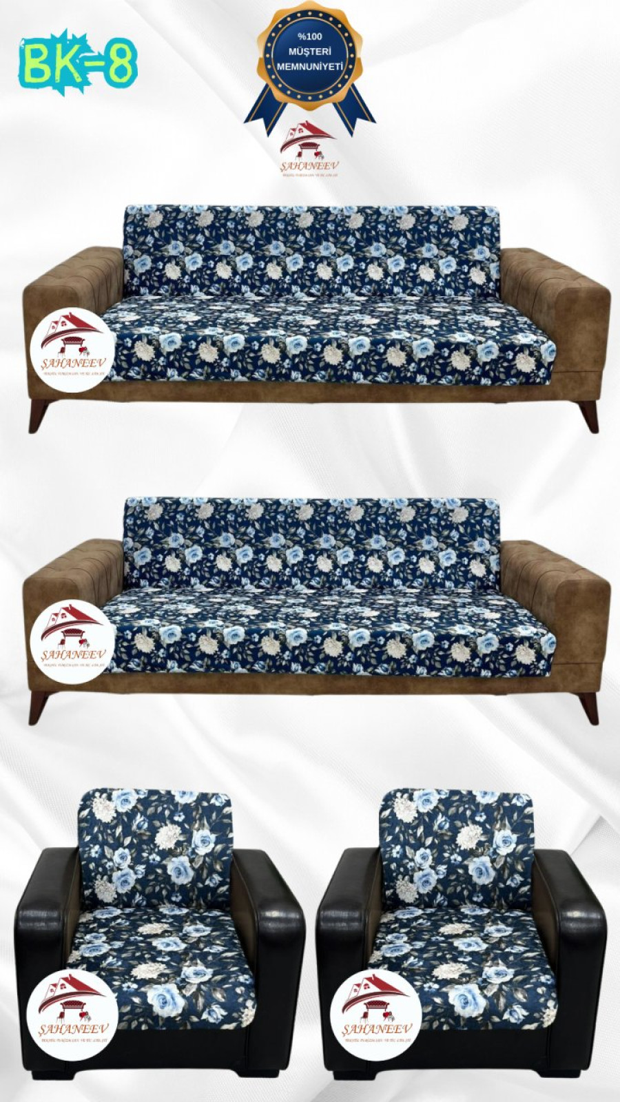 Desenli Baskılı Kadife Kolsuz Koltuk Kılıfı - Elastik Esnek Koltuk Takımı Koruyucu Set Model BK-08 Renk 3+3+1+1 (4 Parça Set)