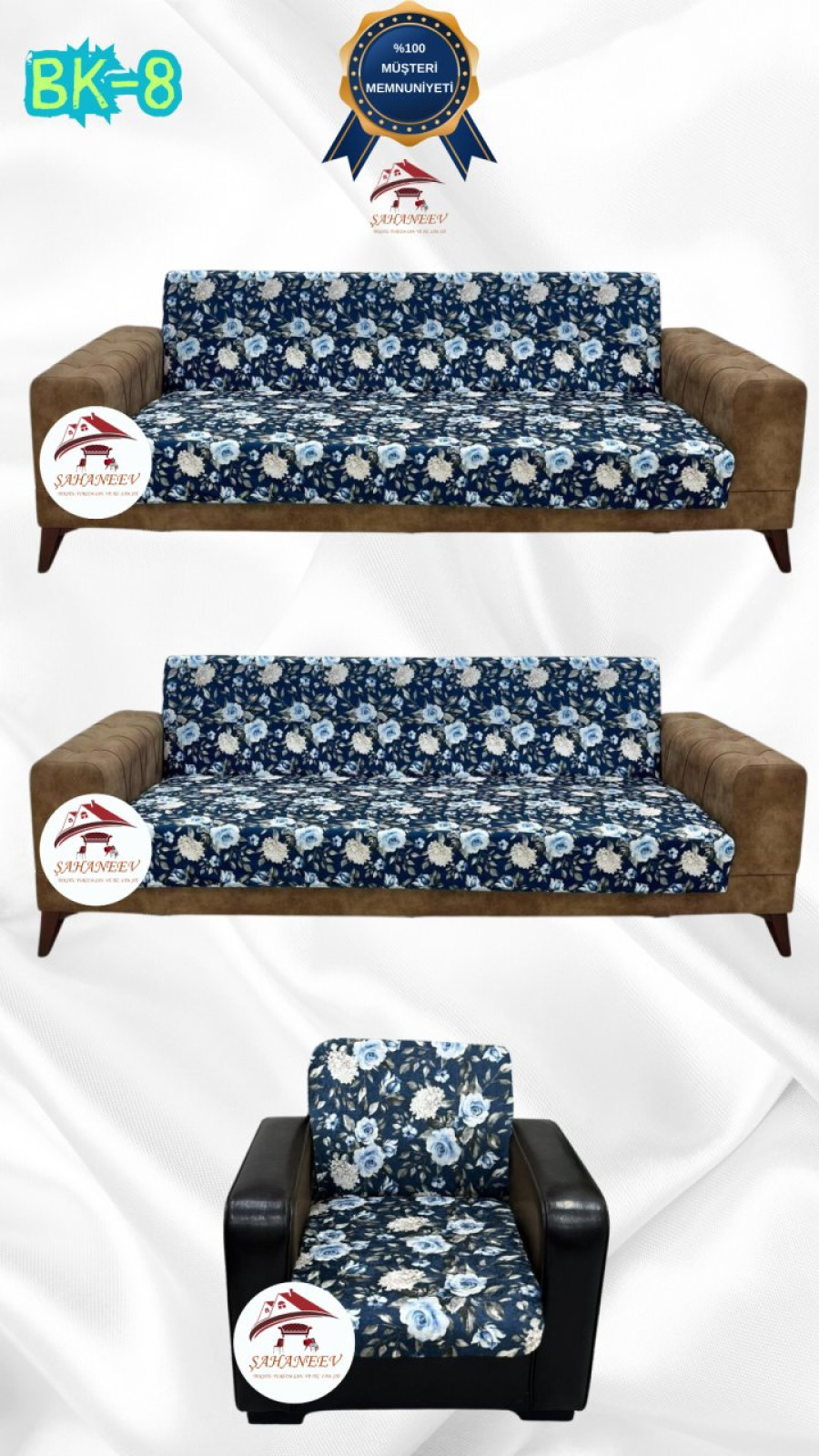 Desenli Baskılı Kadife Kolsuz Koltuk Kılıfı - Elastik Esnek Koltuk Takımı Koruyucu Set Model BK-08 Renk 3+3+1 (3 Parça Set) Özel Ölçü