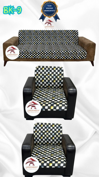 Patterned Printed Velvet Armless Sofa Cover - Elastic Flexible Sofa Set Protector Set Model BK-09 Color 3+1+1 (3 Piece Set)