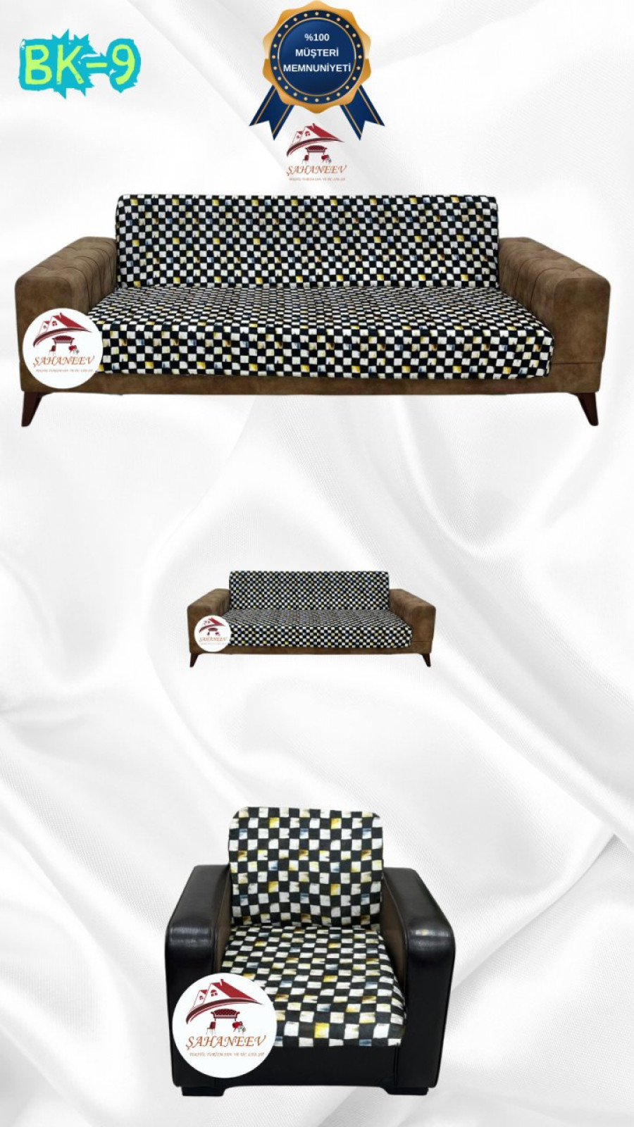 Desenli Baskılı Kadife Kolsuz Koltuk Kılıfı - Elastik Esnek Koltuk Takımı Koruyucu Set Model BK-09 Renk 3+2+1 (3 Parça Set) Özel Ölçü