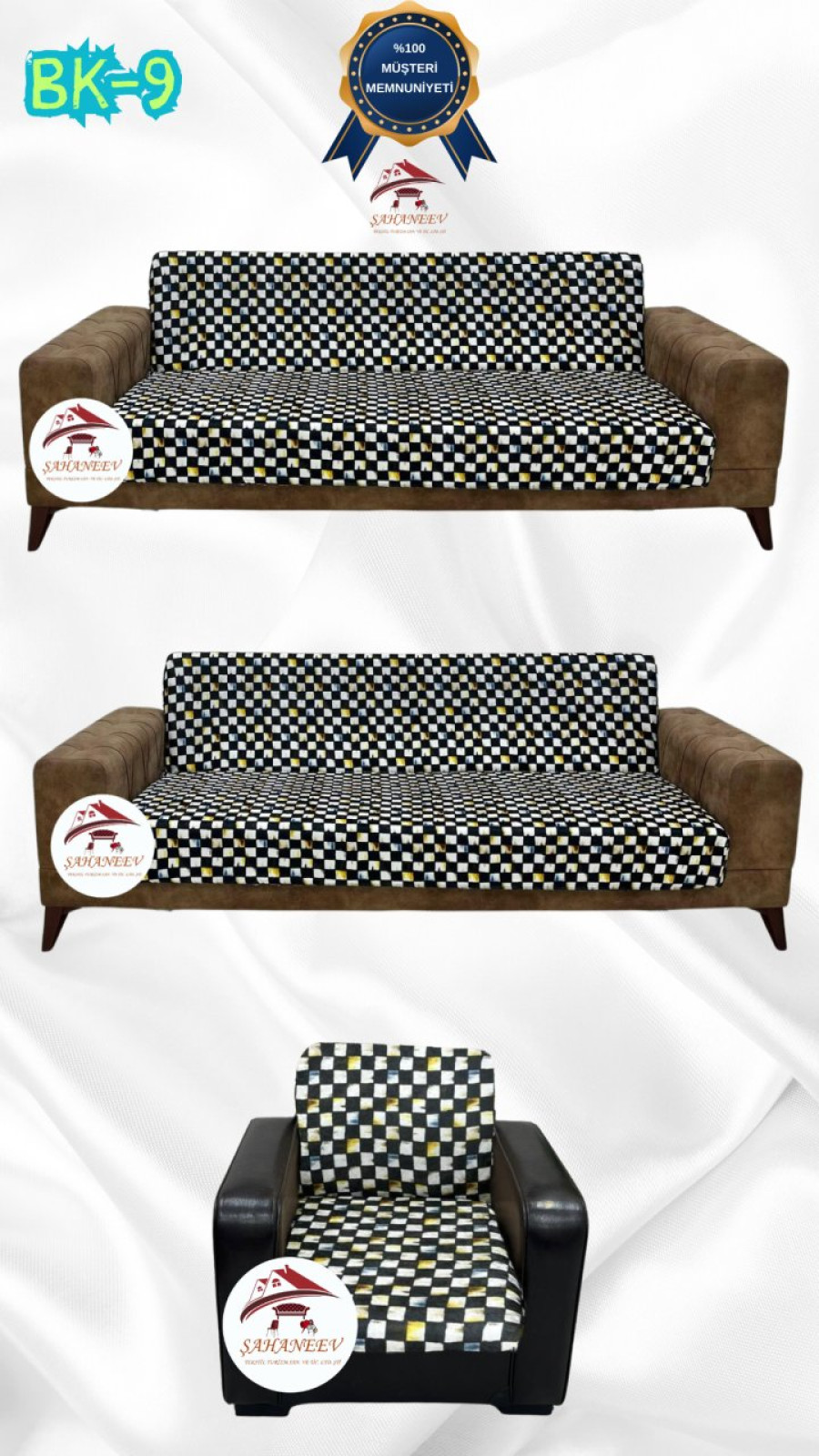 Desenli Baskılı Kadife Kolsuz Koltuk Kılıfı - Elastik Esnek Koltuk Takımı Koruyucu Set Model BK-09 Renk 3+3+1 (3 Parça Set) Özel Ölçü