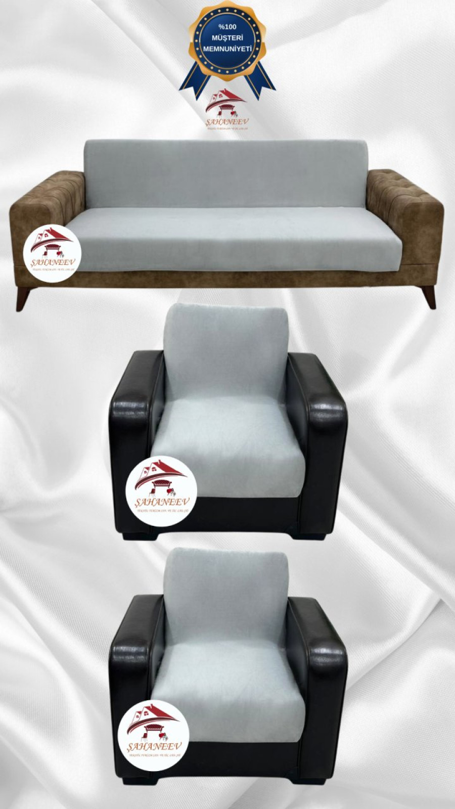 İtalyan Süet Kumaş Elastik Esnek Koruyucu Kolsuz Koltuk Örtüsü Açık Gri Renk 3+1+1 (3 Parça Set) Özel Ölçü