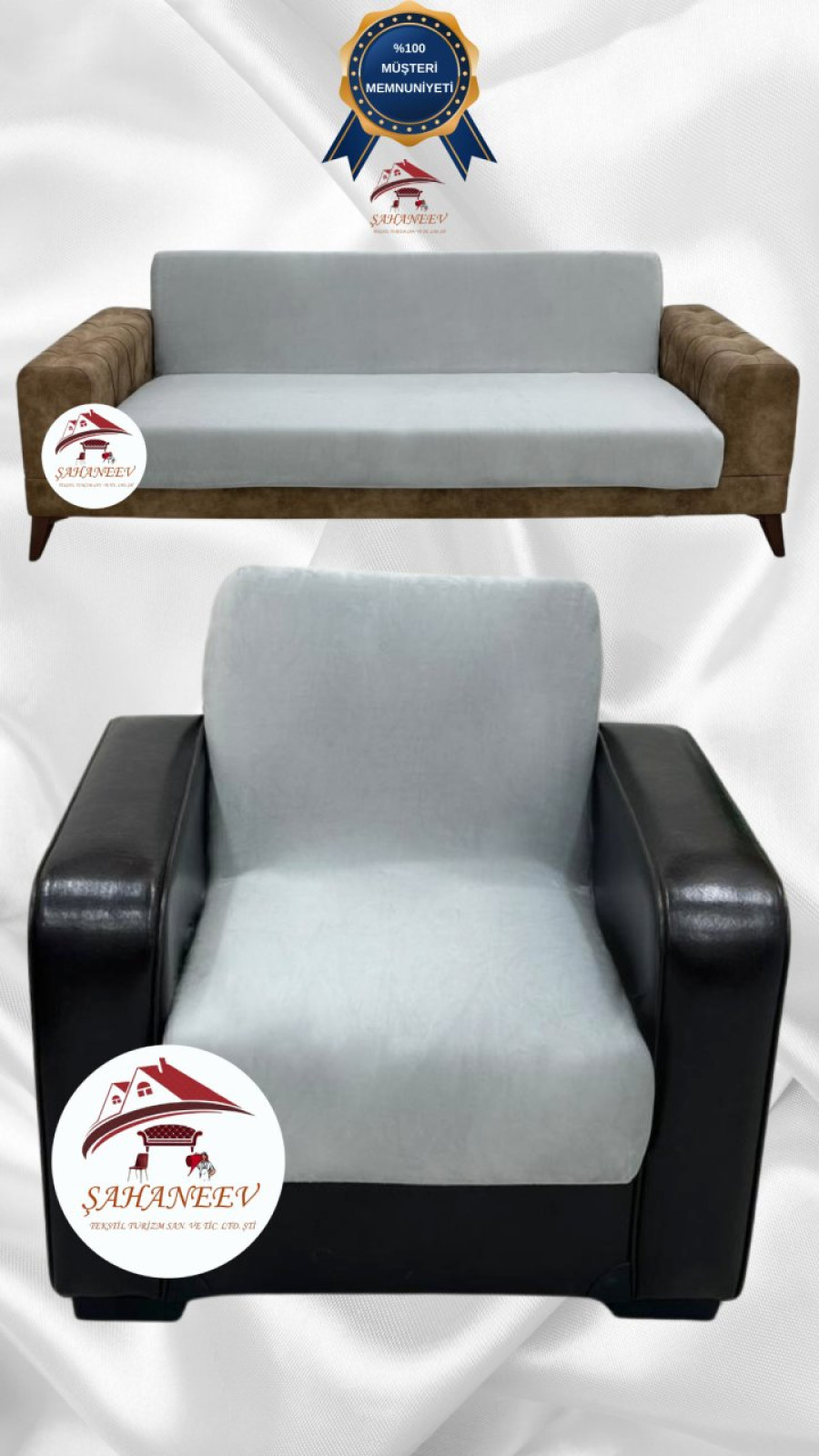 İtalyan Süet Kumaş Elastik Esnek Koruyucu Kolsuz Koltuk Örtüsü Açık Gri Renk 3+1 (2 Parça Set) Özel Ölçü