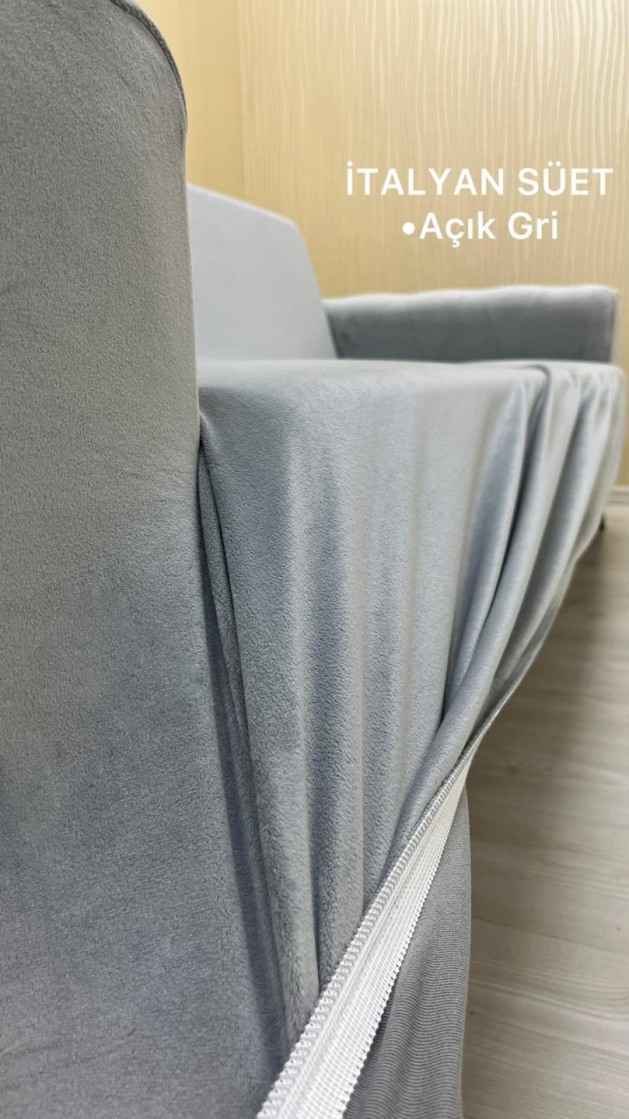 İtalyan Süet Kumaş Elastik Esnek Koruyucu Kolsuz Koltuk Örtüsü Açık Gri Renk 3+1 (2 Parça Set) Özel Ölçü