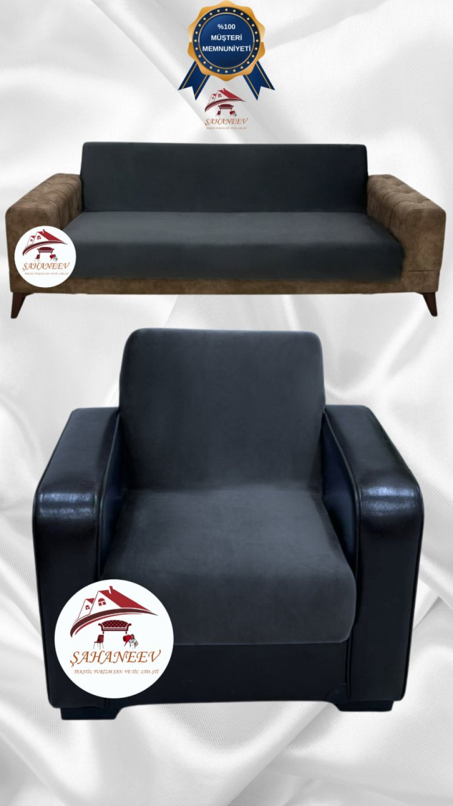 Italian Suede Fabric Elastic Flexible Protective Armless Sofa Cover Anthracite Color 3+1 (2 Piece Set)