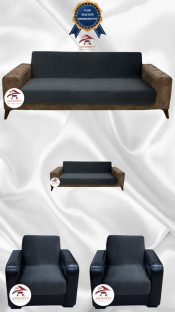 İtalyan Süet Kumaş Elastik Esnek Koruyucu Kolsuz Koltuk Örtüsü Antrasit Renk 3+2+1+1 (4 Parça Set)