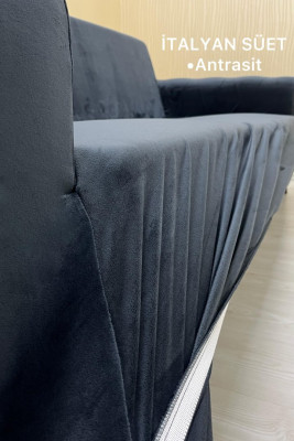 İtalyan Süet Kumaş Elastik Esnek Koruyucu Kolsuz Koltuk Örtüsü Antrasit Renk 3+2+1+1 (4 Parça Set)