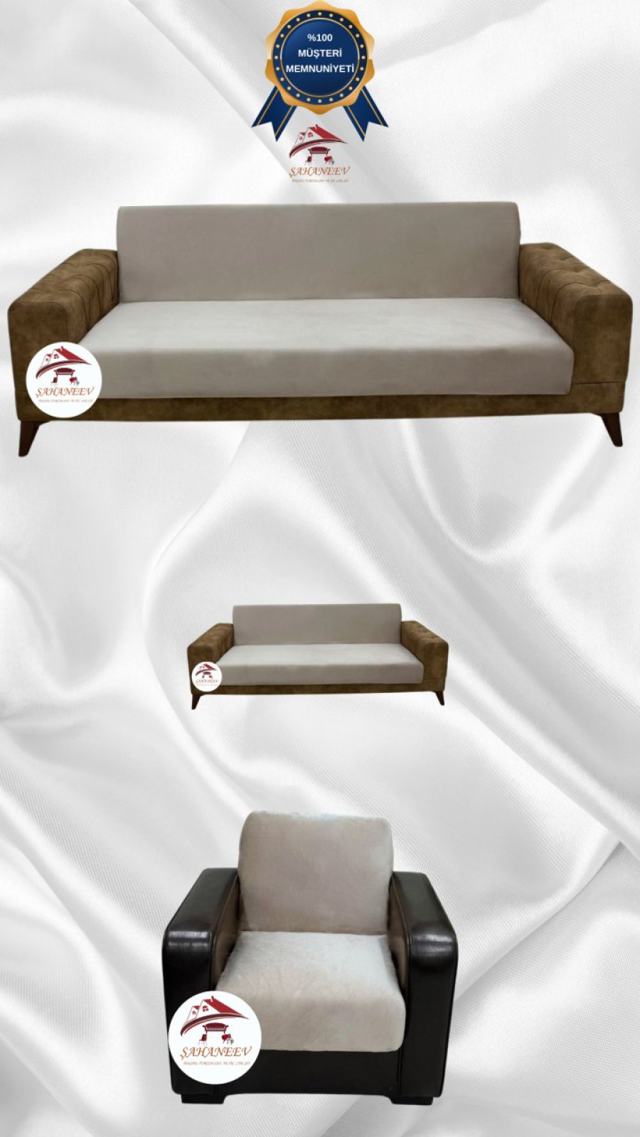 İtalyan Süet Kumaş Elastik Esnek Koruyucu Kolsuz Koltuk Örtüsü Bej Renk 3+2+1 (3 Parça Set)