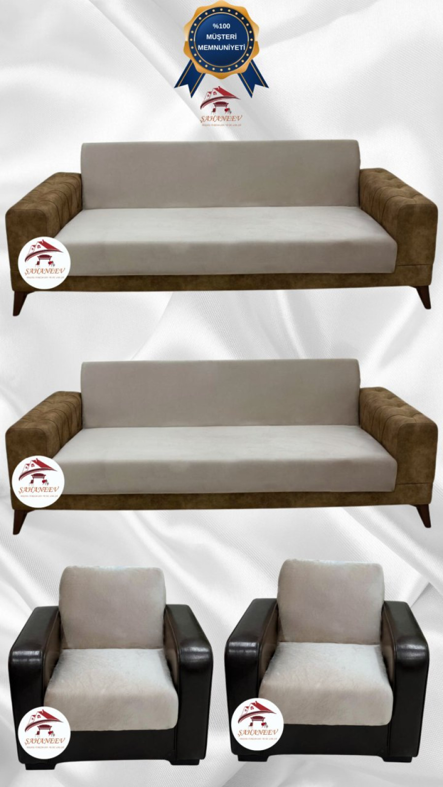 İtalyan Süet Kumaş Elastik Esnek Koruyucu Kolsuz Koltuk Örtüsü Bej Renk 3+3+1+1 (4 Parça Set) Özel Ölçü