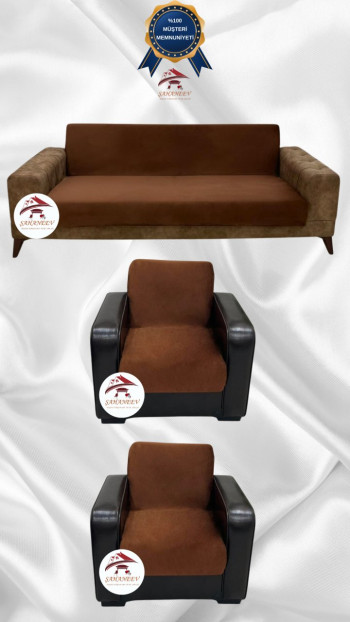 Italian Suede Fabric Elastic Flexible Protective Armless Sofa Cover Brown Color 3+1+1 (3 Piece Set)