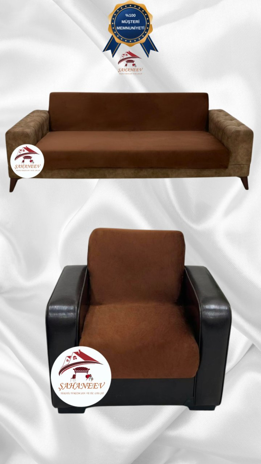 İtalyan Süet Kumaş Elastik Esnek Koruyucu Kolsuz Koltuk Örtüsü Kahverengi Renk 3+1 (2 Parça Set)