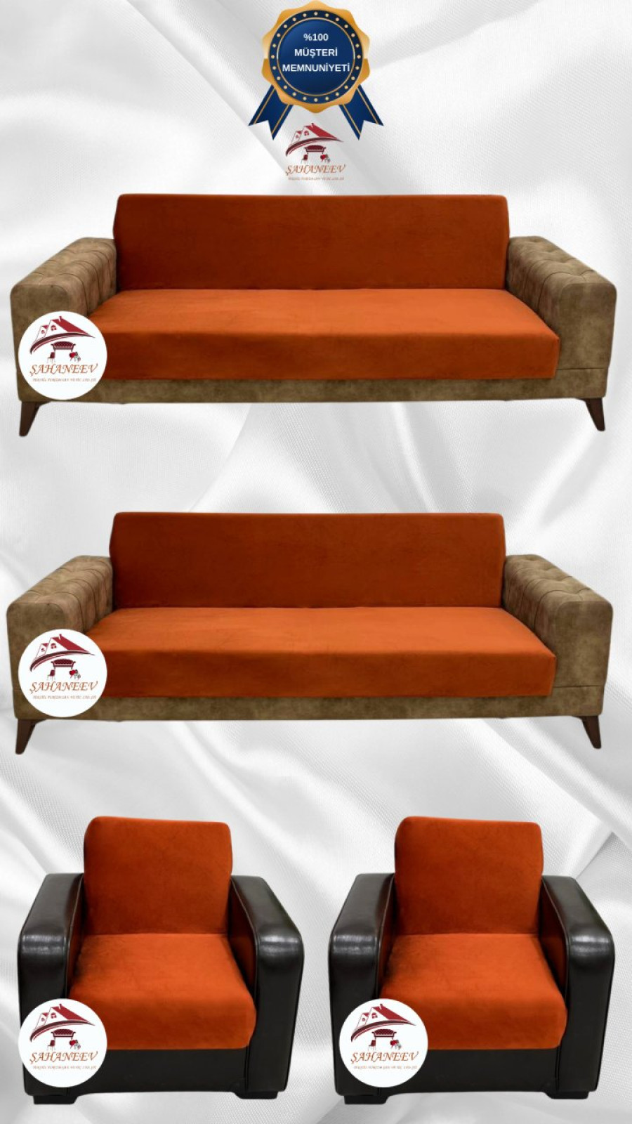 İtalyan Süet Kumaş Elastik Esnek Koruyucu Kolsuz Koltuk Örtüsü Kiremit Renk 3+3+1+1 (4 Parça Set) Özel Ölçü