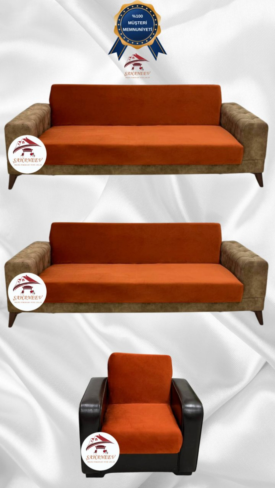 İtalyan Süet Kumaş Elastik Esnek Koruyucu Kolsuz Koltuk Örtüsü Kiremit Renk 3+3+1 (3 Parça Set)