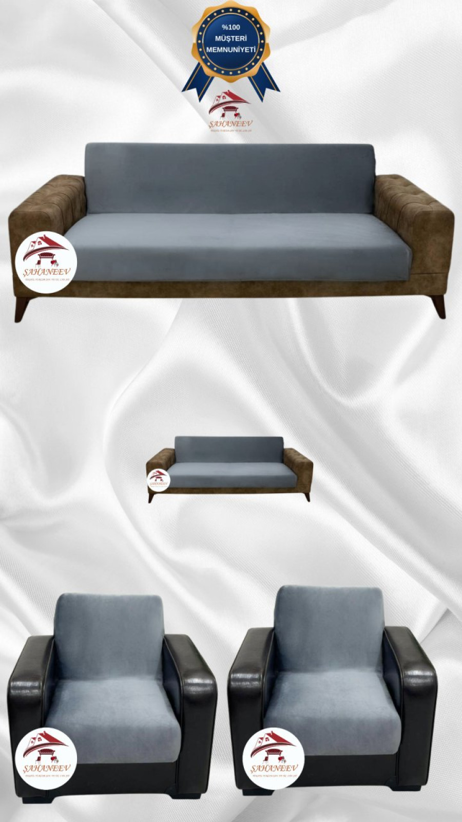 İtalyan Süet Kumaş Elastik Esnek Koruyucu Kolsuz Koltuk Örtüsü Koyu Gri Renk 3+2+1+1 (4 Parça Set)