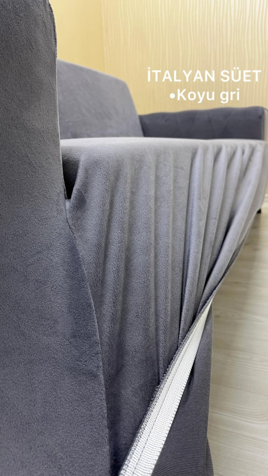 İtalyan Süet Kumaş Elastik Esnek Koruyucu Kolsuz Koltuk Örtüsü Koyu Gri Renk 3+2+1 (3 Parça Set)