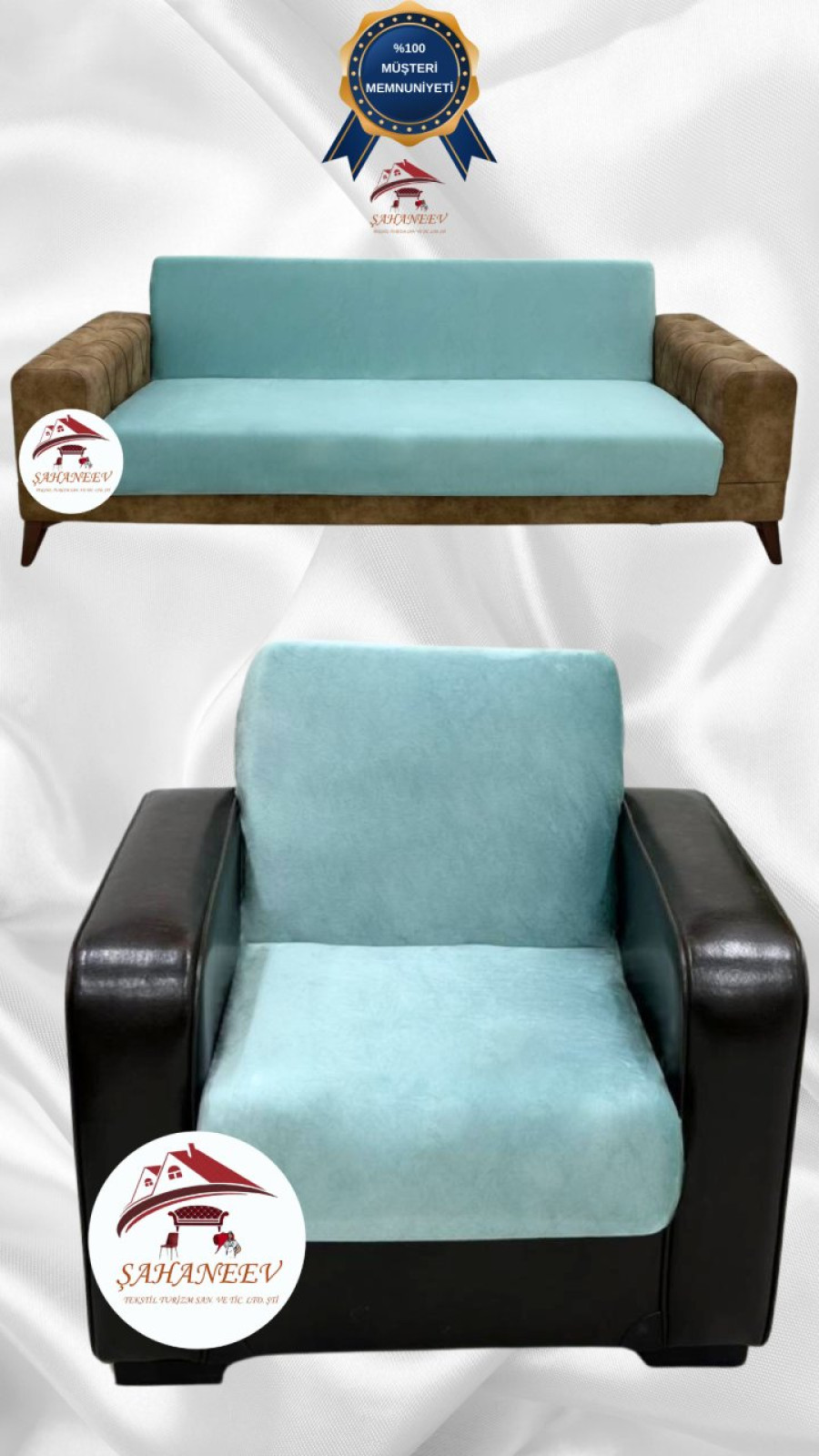 İtalyan Süet Kumaş Elastik Esnek Koruyucu Kolsuz Koltuk Örtüsü Mint Renk 3+1 (2 Parça Set)