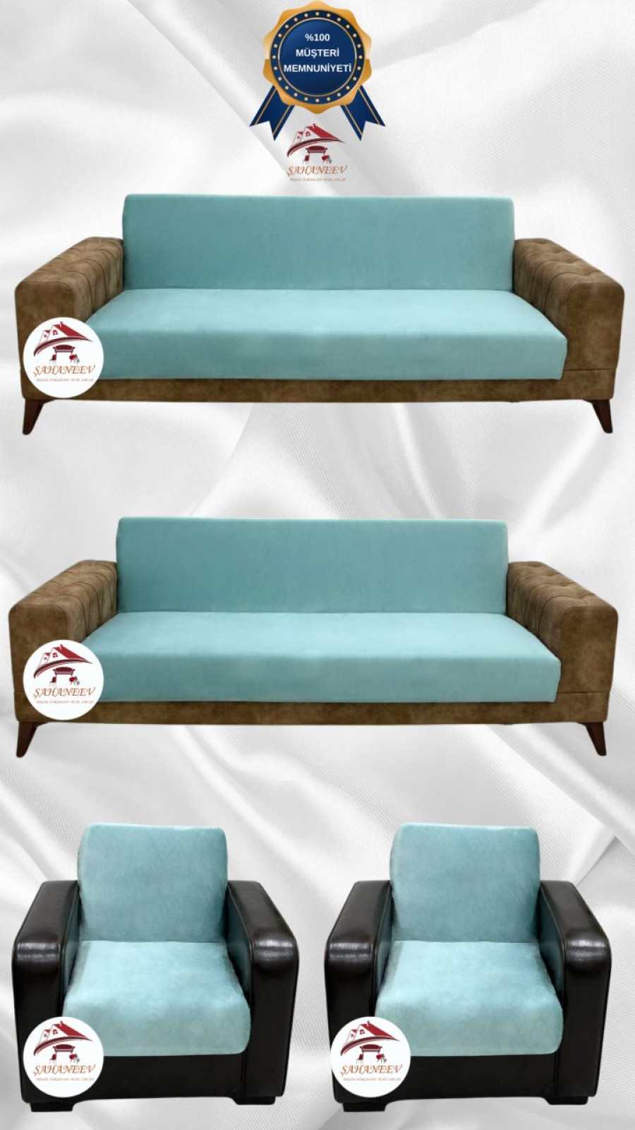 İtalyan Süet Kumaş Elastik Esnek Koruyucu Kolsuz Koltuk Örtüsü Mint Renk 3+3+1+1 (4 Parça Set) Özel Ölçü