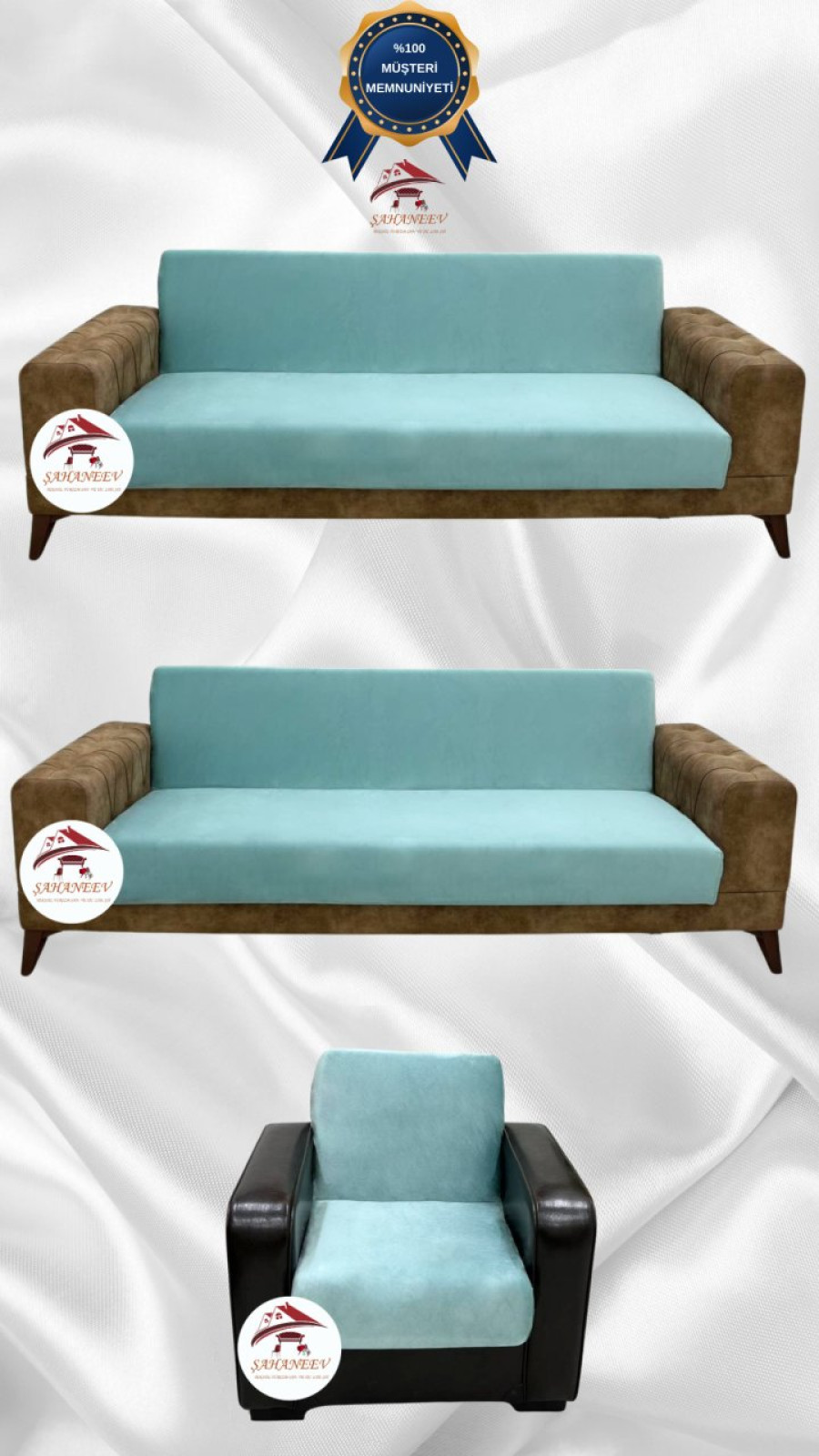 İtalyan Süet Kumaş Elastik Esnek Koruyucu Kolsuz Koltuk Örtüsü Mint Renk 3+3+1 (3 Parça Set) Özel Ölçü