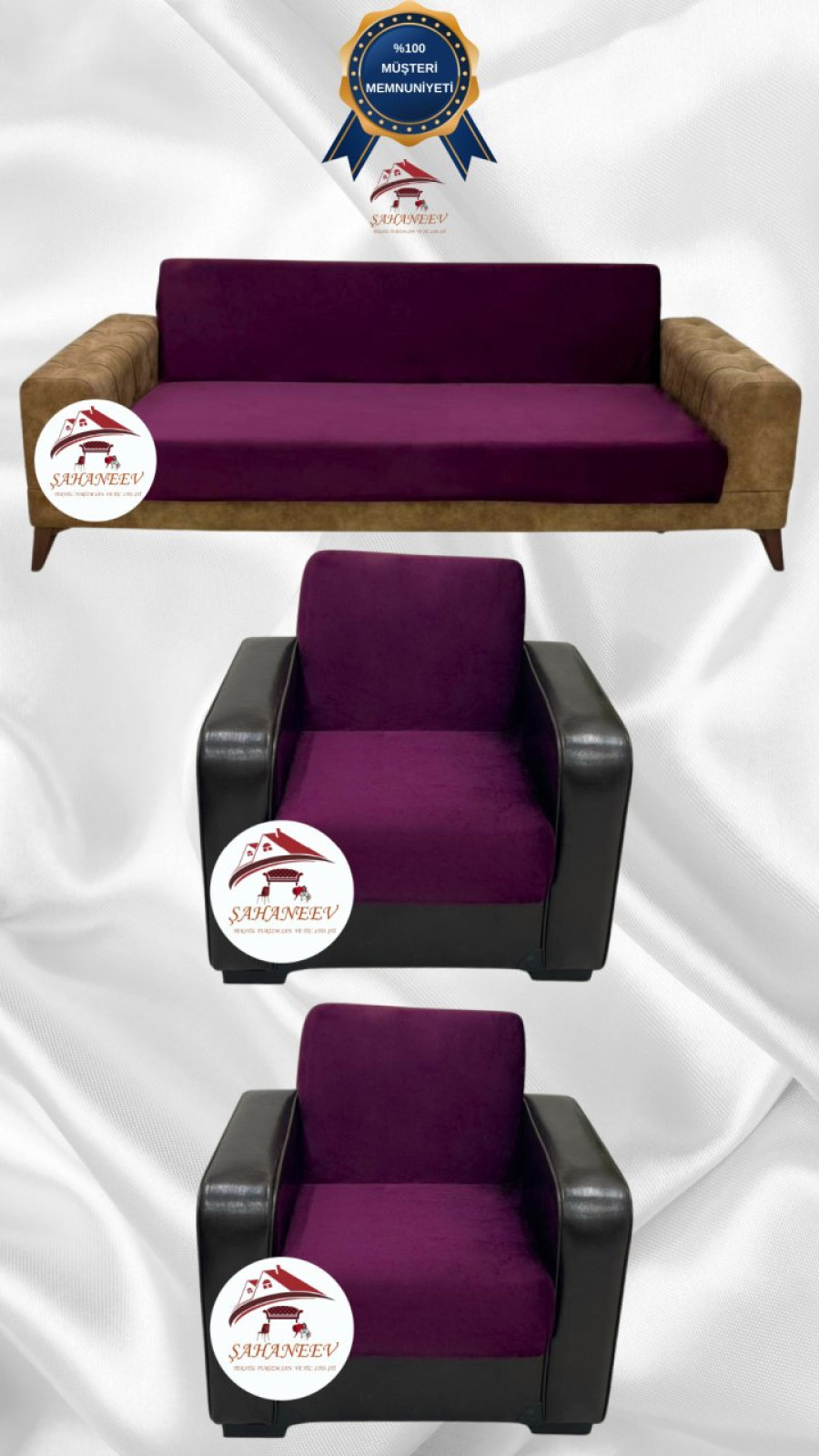 İtalyan Süet Kumaş Elastik Esnek Koruyucu Kolsuz Koltuk Örtüsü Mürdüm Renk 3+1+1 (3 Parça Set) Özel Ölçü