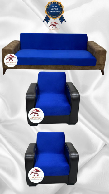 Italian Suede Fabric Elastic Flexible Protective Armless Sofa Cover Saxon Blue Color 3+1+1 (3 Piece Set)