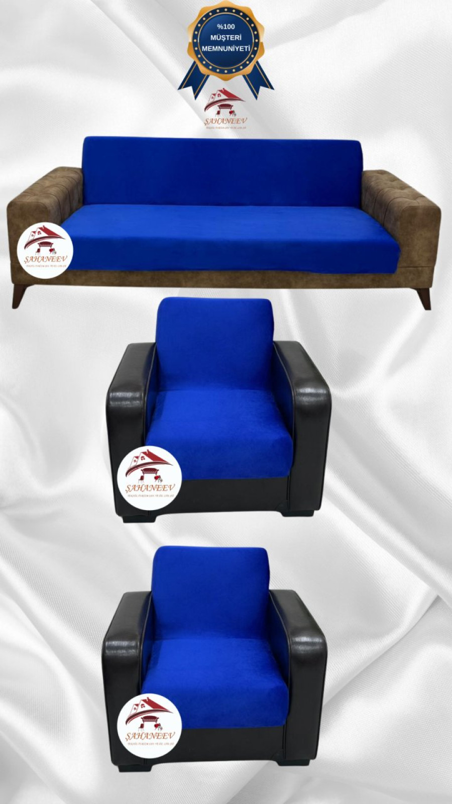 İtalyan Süet Kumaş Elastik Esnek Koruyucu Kolsuz Koltuk Örtüsü Saks Mavi Renk 3+1+1 (3 Parça Set) Özel Ölçü