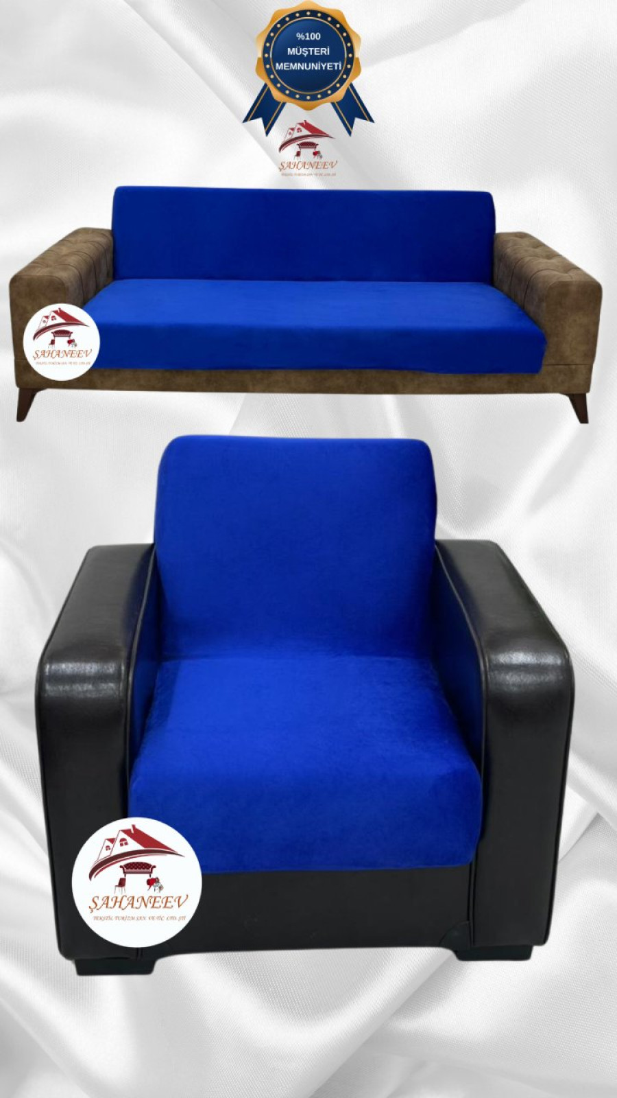 İtalyan Süet Kumaş Elastik Esnek Koruyucu Kolsuz Koltuk Örtüsü Saks Mavi Renk 3+1 (2 Parça Set)