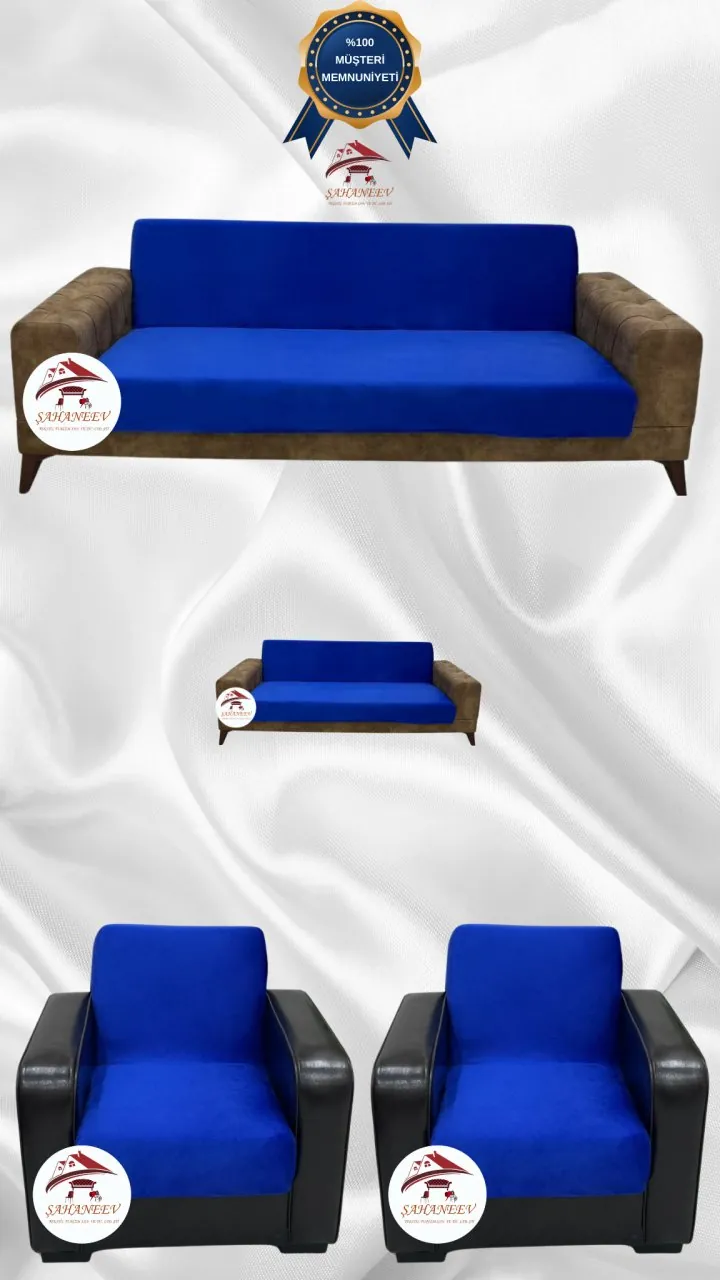 İtalyan Süet Kumaş Elastik Esnek Koruyucu Kolsuz Koltuk Örtüsü Saks Mavi Renk 3+2+1+1 (4 Parça Set)