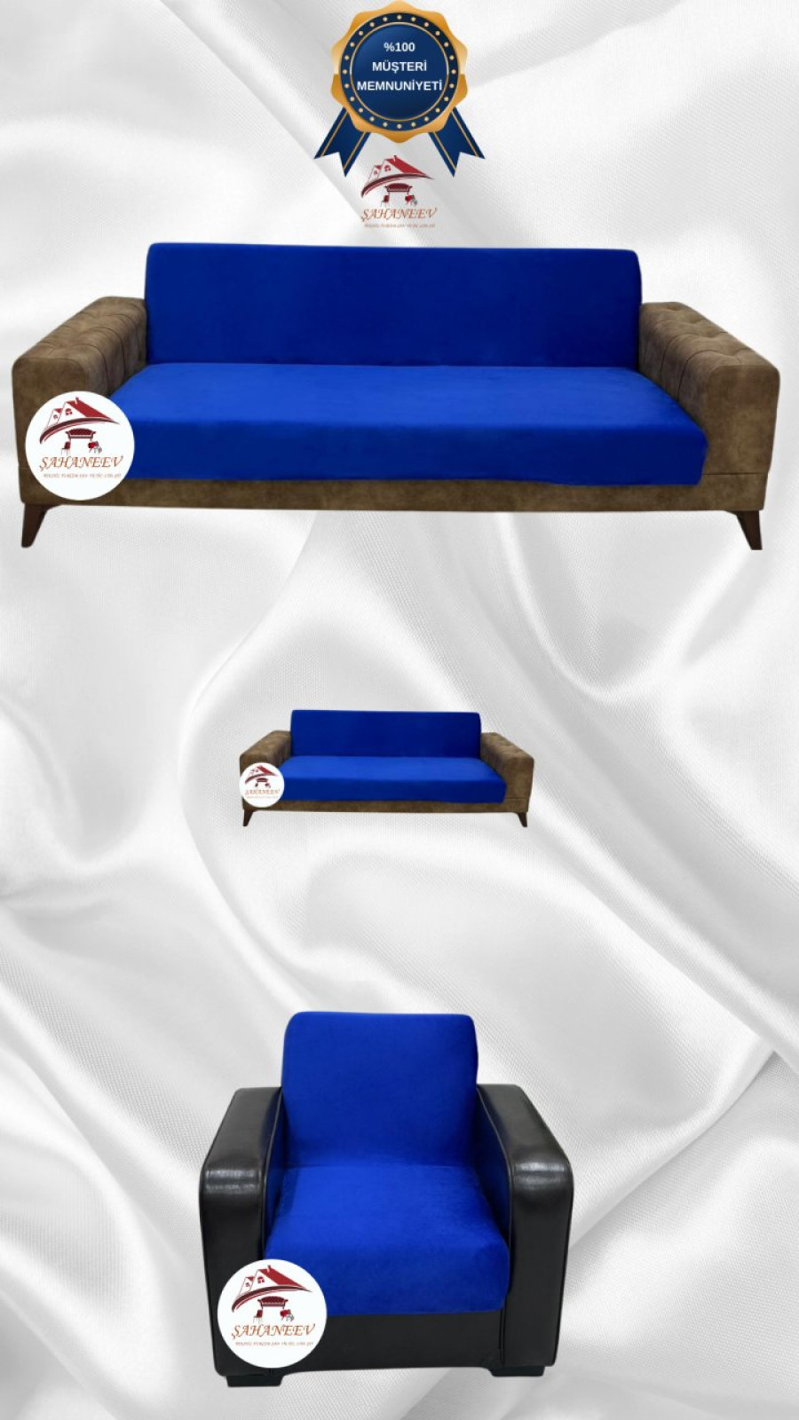 İtalyan Süet Kumaş Elastik Esnek Koruyucu Kolsuz Koltuk Örtüsü Saks Mavi Renk 3+2+1 (3 Parça Set)