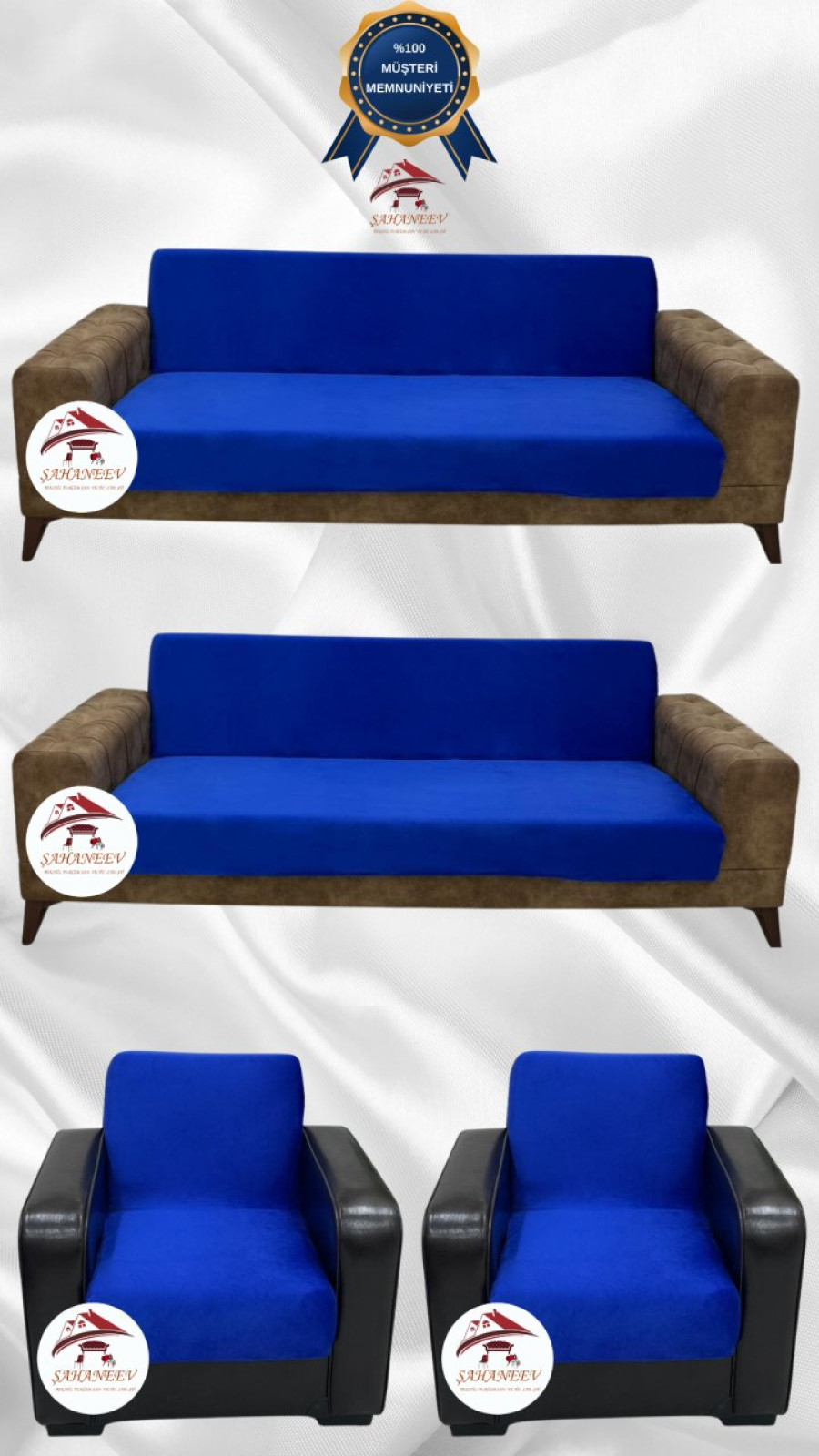 İtalyan Süet Kumaş Elastik Esnek Koruyucu Kolsuz Koltuk Örtüsü Saks Mavi Renk 3+3+1+1 (4 Parça Set)