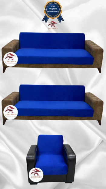 Italian Suede Fabric Elastic Flexible Protective Armless Sofa Cover Saxon Blue Color 3+3+1 (3 Piece Set)