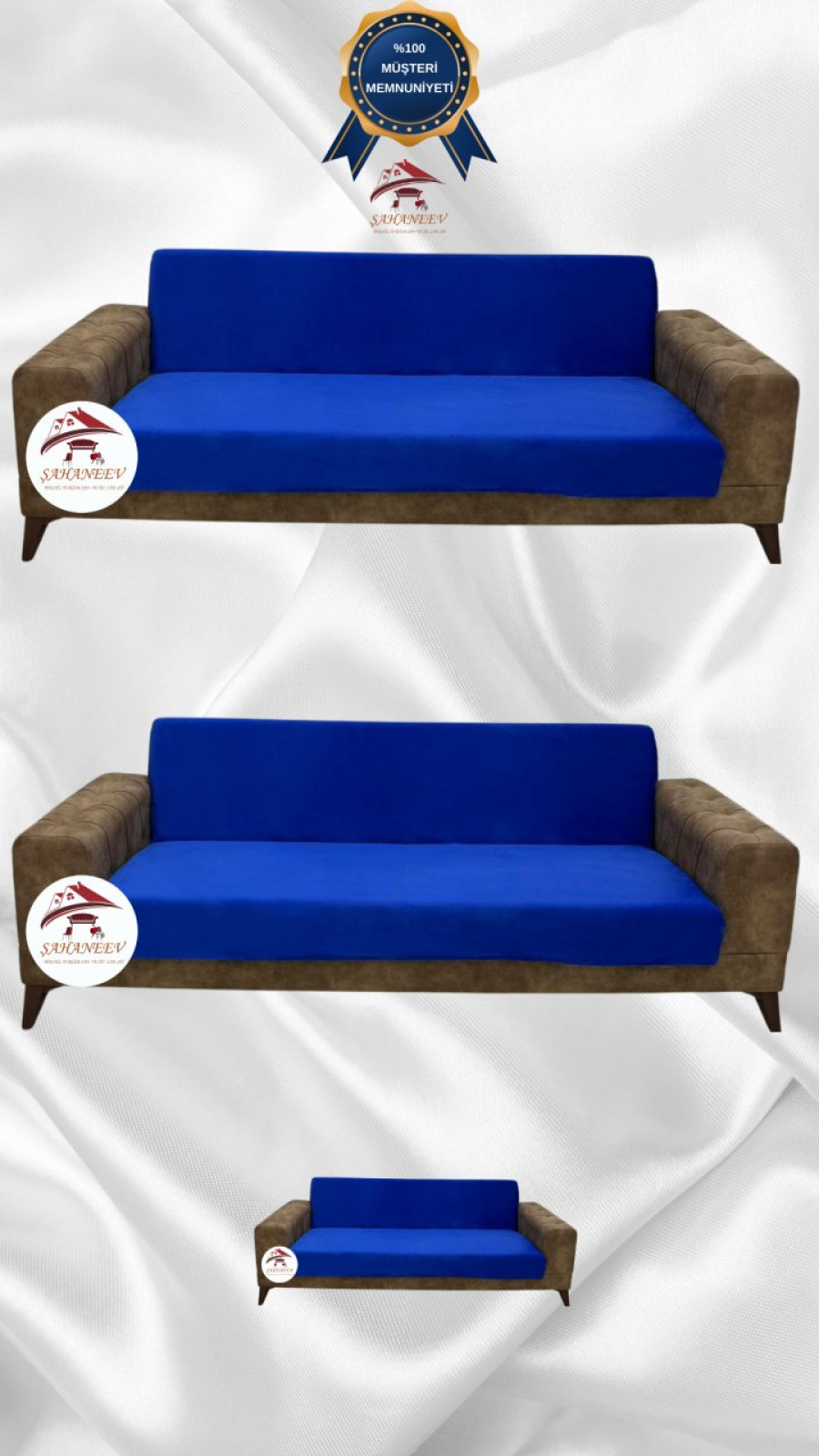 İtalyan Süet Kumaş Elastik Esnek Koruyucu Kolsuz Koltuk Örtüsü Saks Mavi Renk 3+3+2 (3 Parça Set) Özel Ölçü