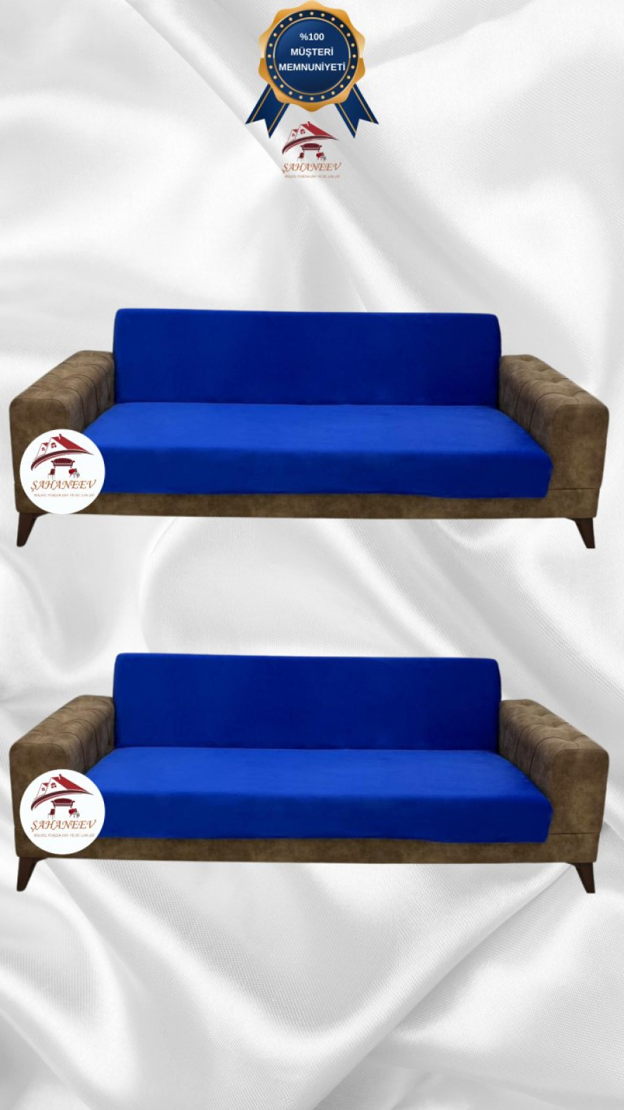 İtalyan Süet Kumaş Elastik Esnek Koruyucu Kolsuz Koltuk Örtüsü Saks Mavi Renk 3+3 (2 Parça Set)