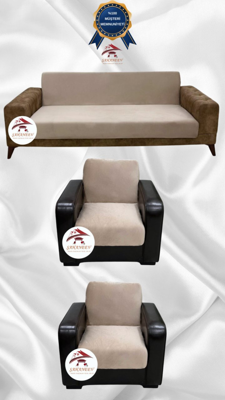 İtalyan Süet Kumaş Elastik Esnek Koruyucu Kolsuz Koltuk Örtüsü Vizon Renk 3+1+1 (3 Parça Set)