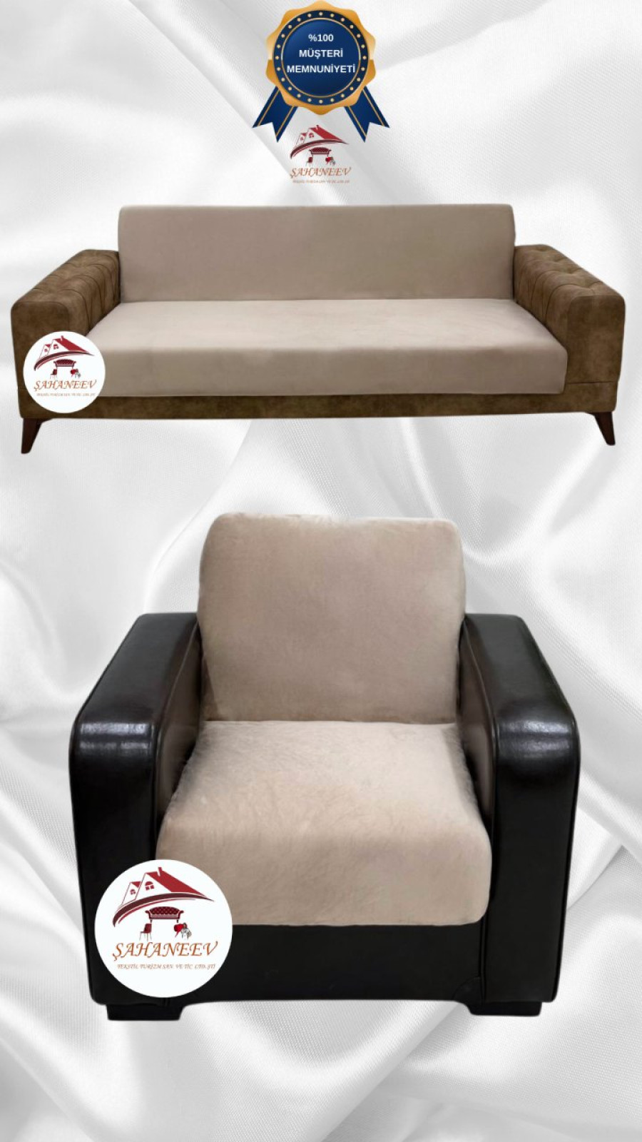 İtalyan Süet Kumaş Elastik Esnek Koruyucu Kolsuz Koltuk Örtüsü Vizon Renk 3+1 (2 Parça Set)