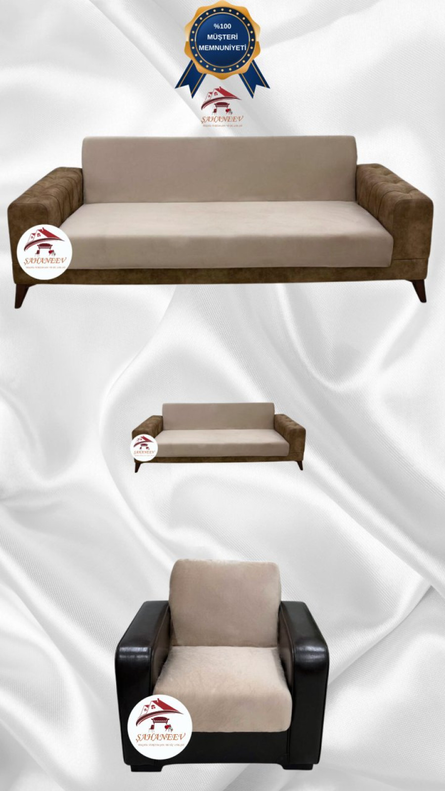 İtalyan Süet Kumaş Elastik Esnek Koruyucu Kolsuz Koltuk Örtüsü Vizon Renk 3+2+1 (3 Parça Set)