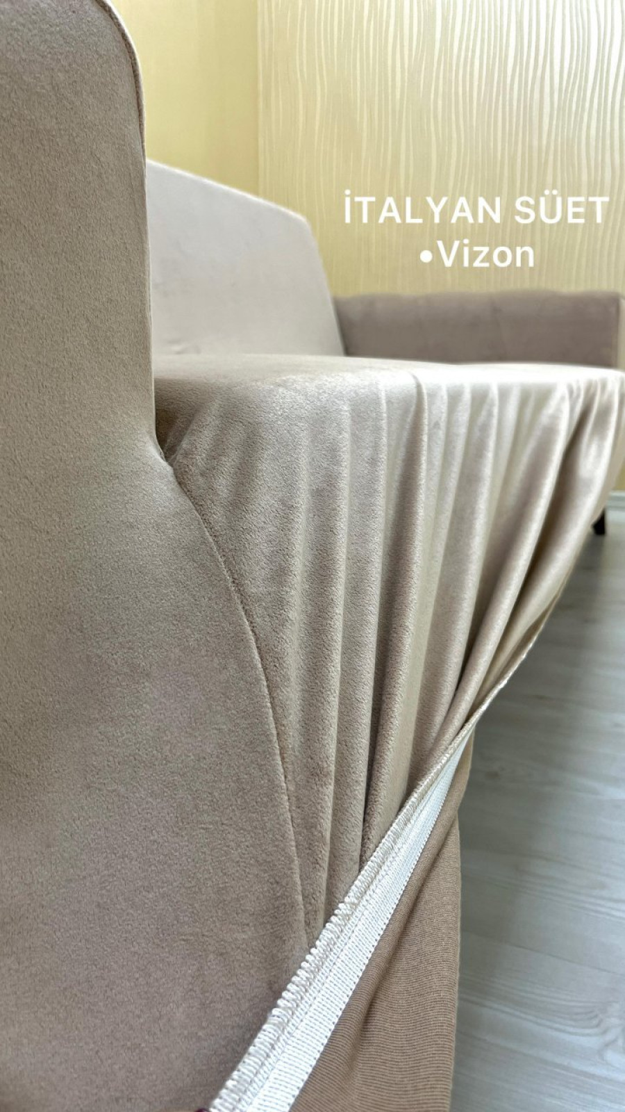 İtalyan Süet Kumaş Elastik Esnek Koruyucu Kolsuz Koltuk Örtüsü Vizon Renk 3+2+1 (3 Parça Set)